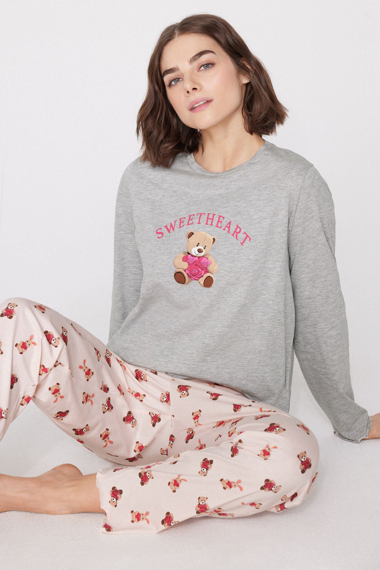 סט פיג'מה ארוכה מבד כותנה Teddy Bear