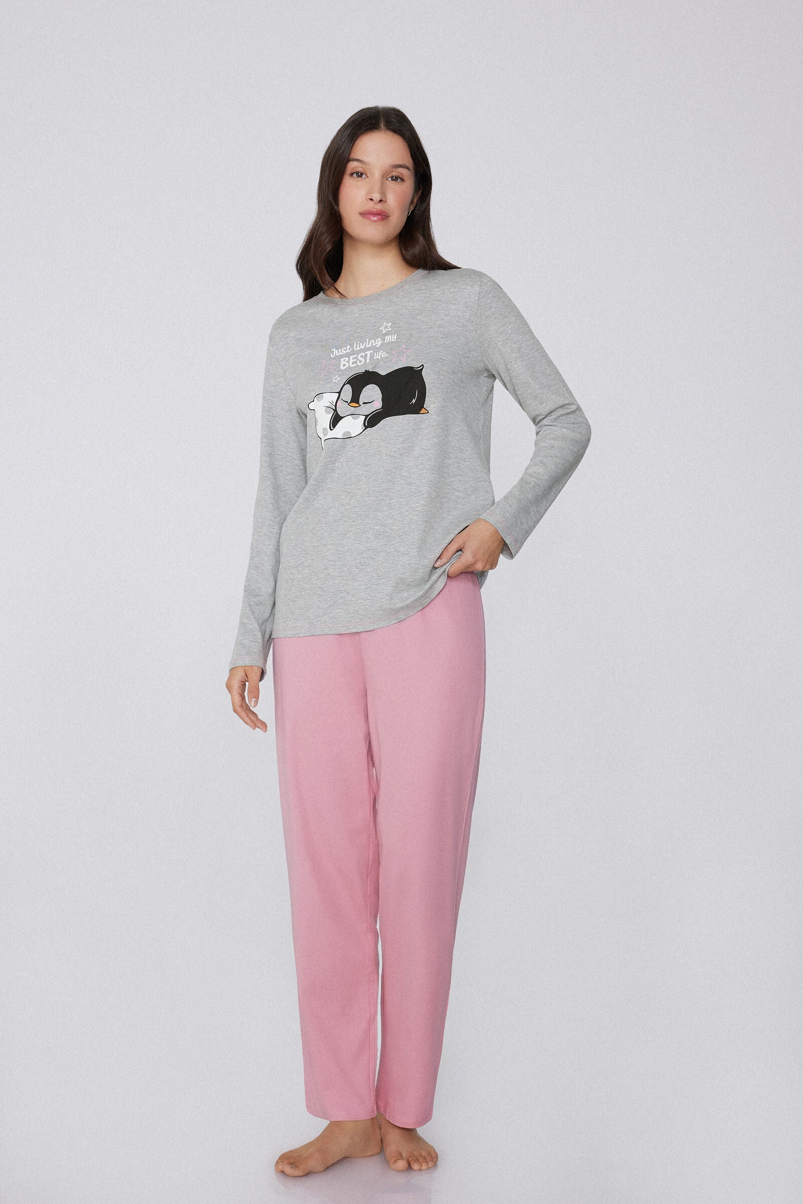 סט פיג'מה כותנה עם הדפס פינגווין