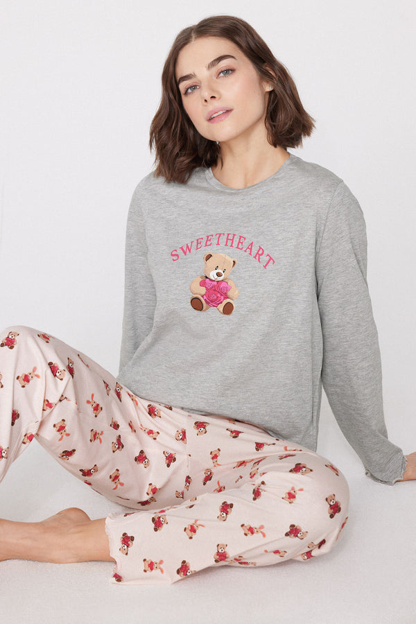 סט פיג'מה ארוכה מבד כותנה Teddy Bear