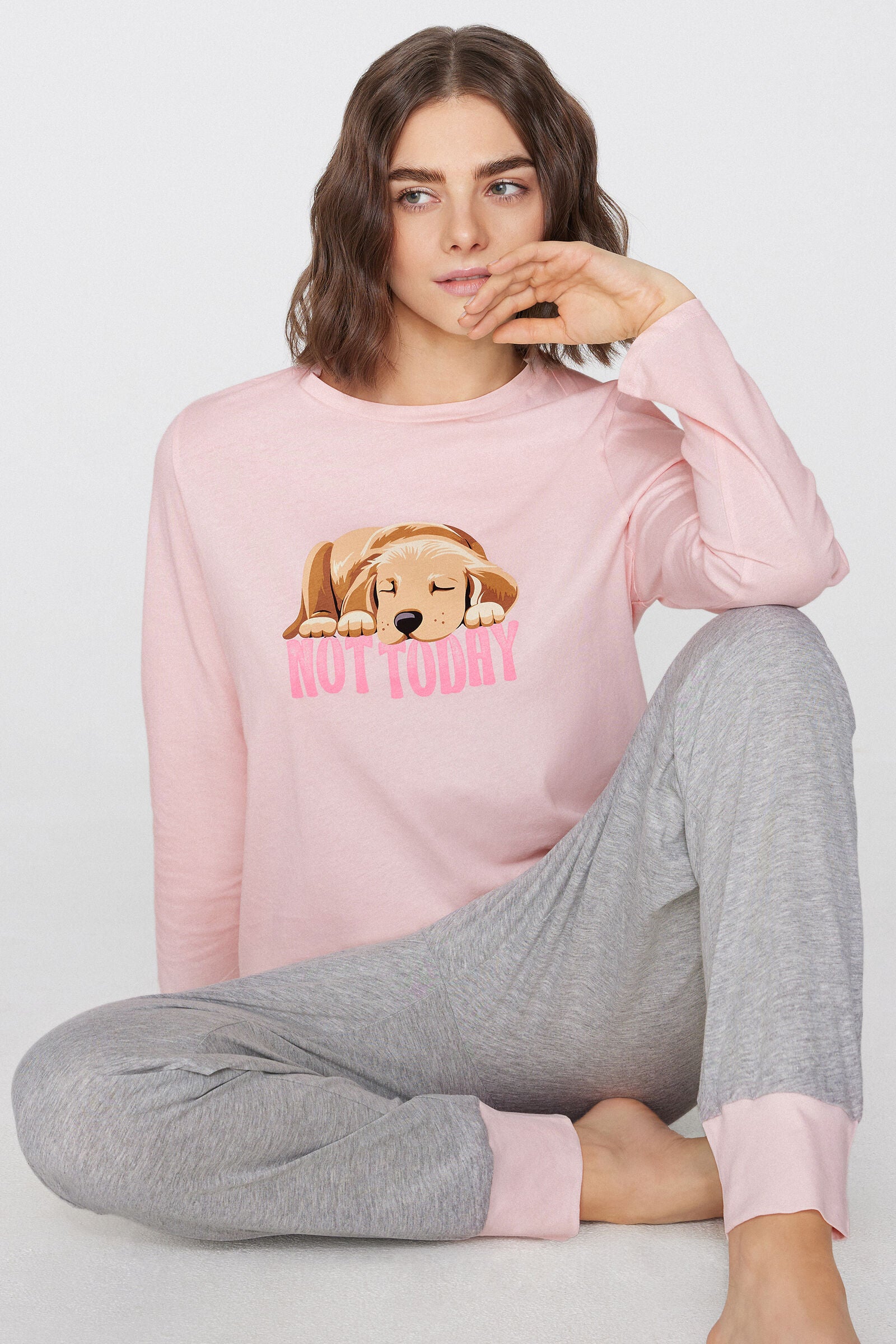 סט פיג'מה ג'רסי עם הדפס Not Today