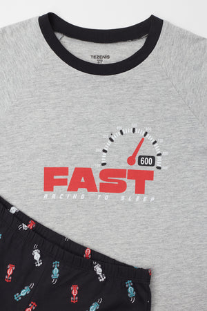 סט פיג'מה ארוכה מבד כותנה עם הדפס “Fast” לילדים