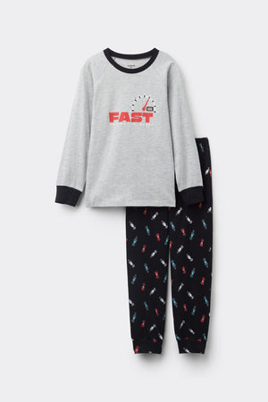 סט פיג'מה ארוכה מבד כותנה עם הדפס “Fast” לילדים