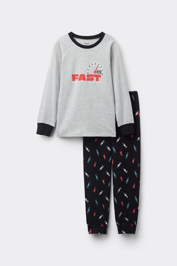 סט פיג'מה ארוכה מבד כותנה עם הדפס “Fast” לילדים