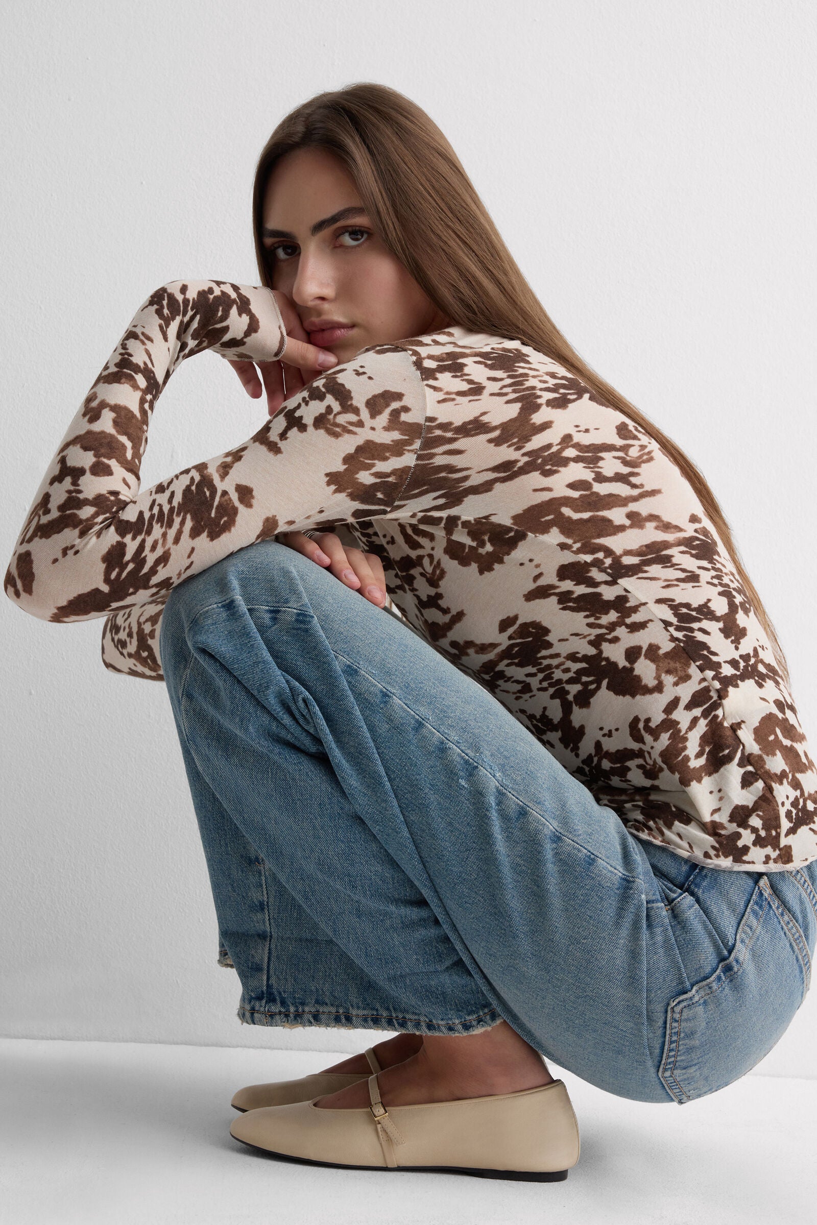 חולצה ארוכה Ultralight Modal and Cashmere בהדפס פרה