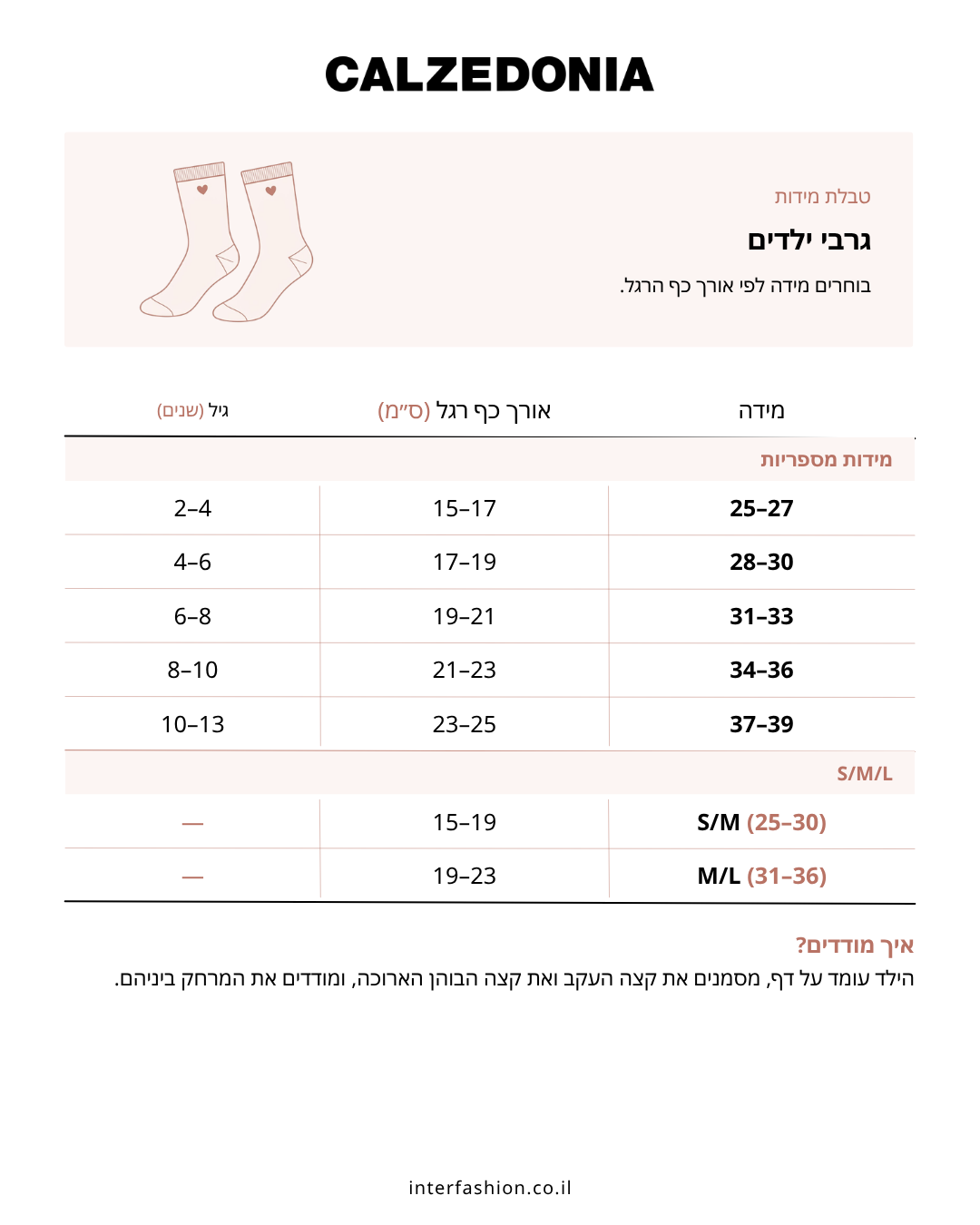 גרבי קשמיר קצרות - טבלת מידות