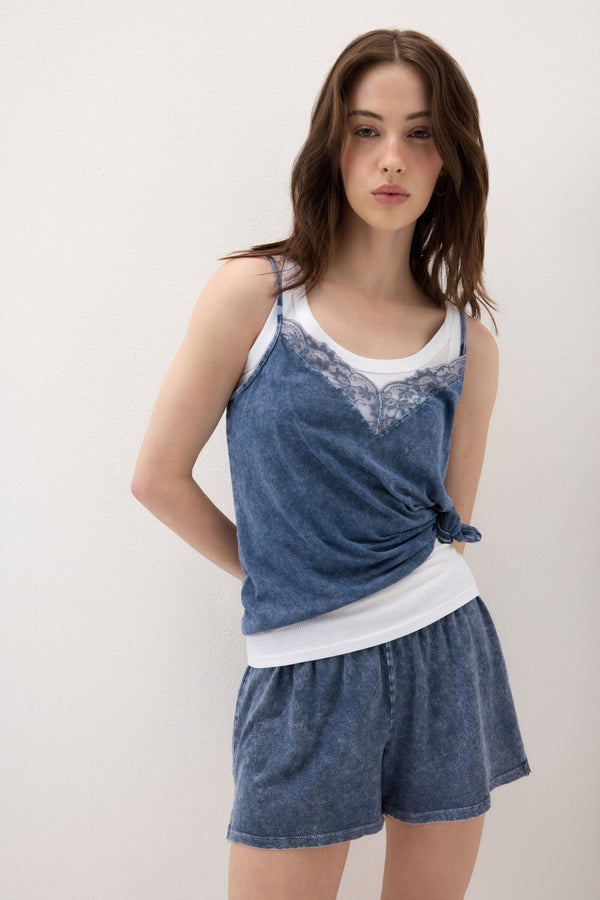 גופייה מבד כותנה מגימור תחרה Denim Romance