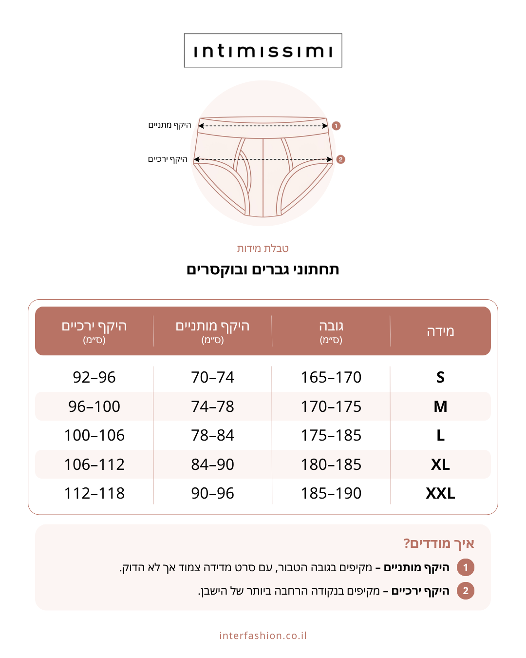 תחתוני בוקסר עם לוגו מכותנה - טבלת מידות