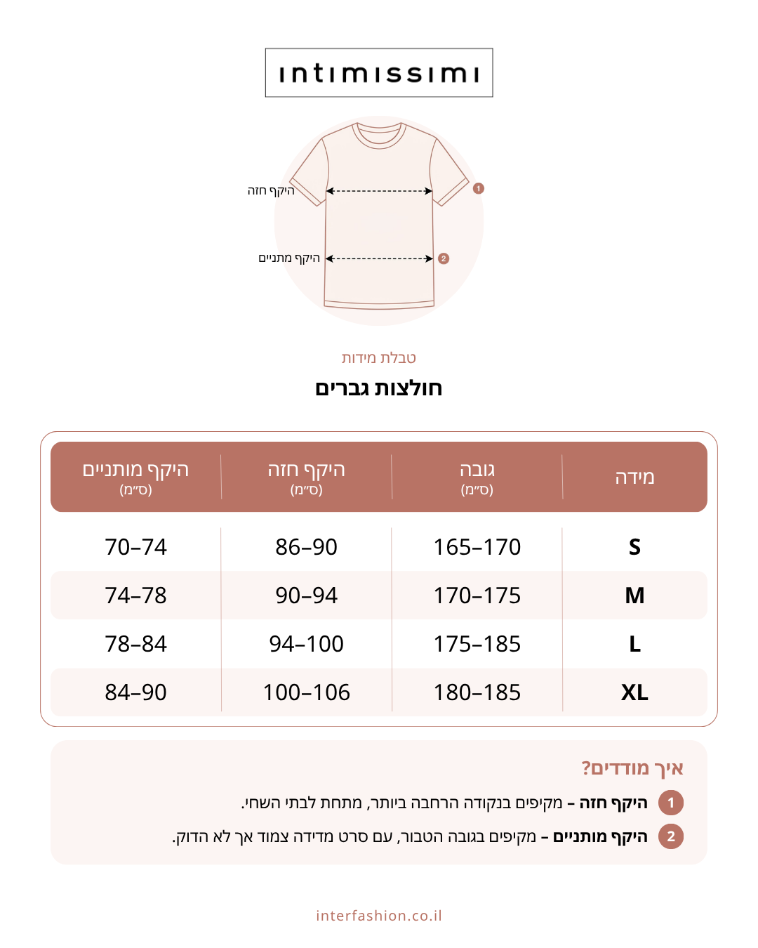 גופייה צמודה מבד כותנה - טבלת מידות