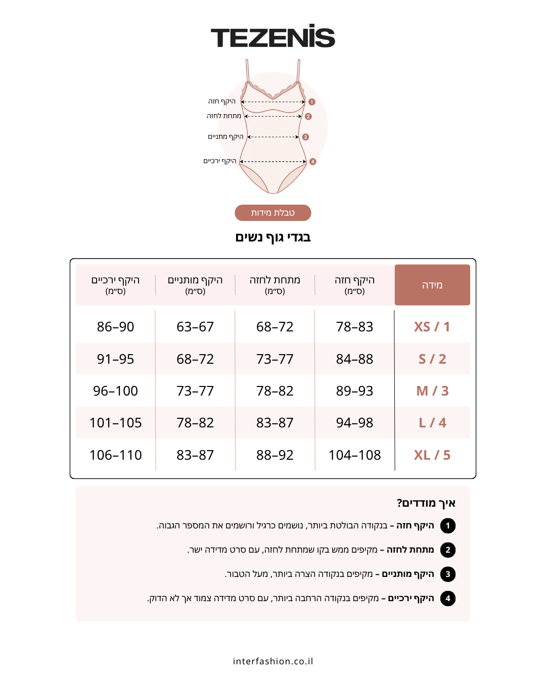 בגד גוף טול ומיקרופייבר עם שרוולים ארוכים - טבלת מידות