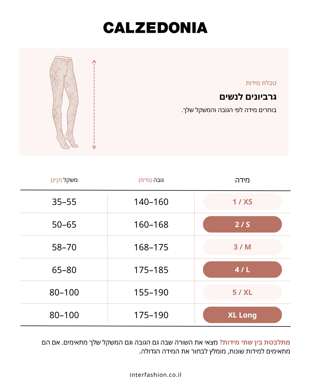 גרביונים שקופים מחטבים 15 דנייר - טבלת מידות
